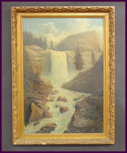 Large Landscape Oil Painting on Wood, Vernal Falls Viewed from alongside Merced River, Yosemite Nati